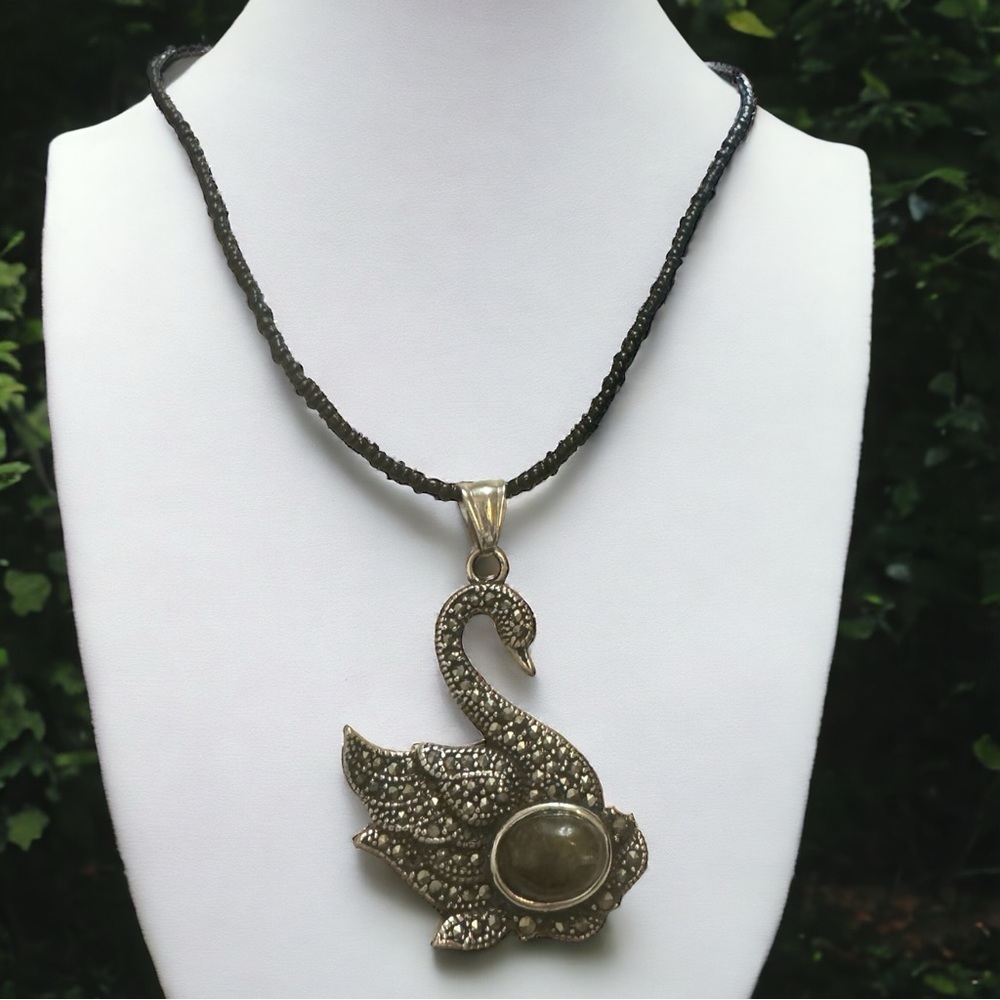 Marcasite Tigers Eye Swan Pendant on Beaded Necklace